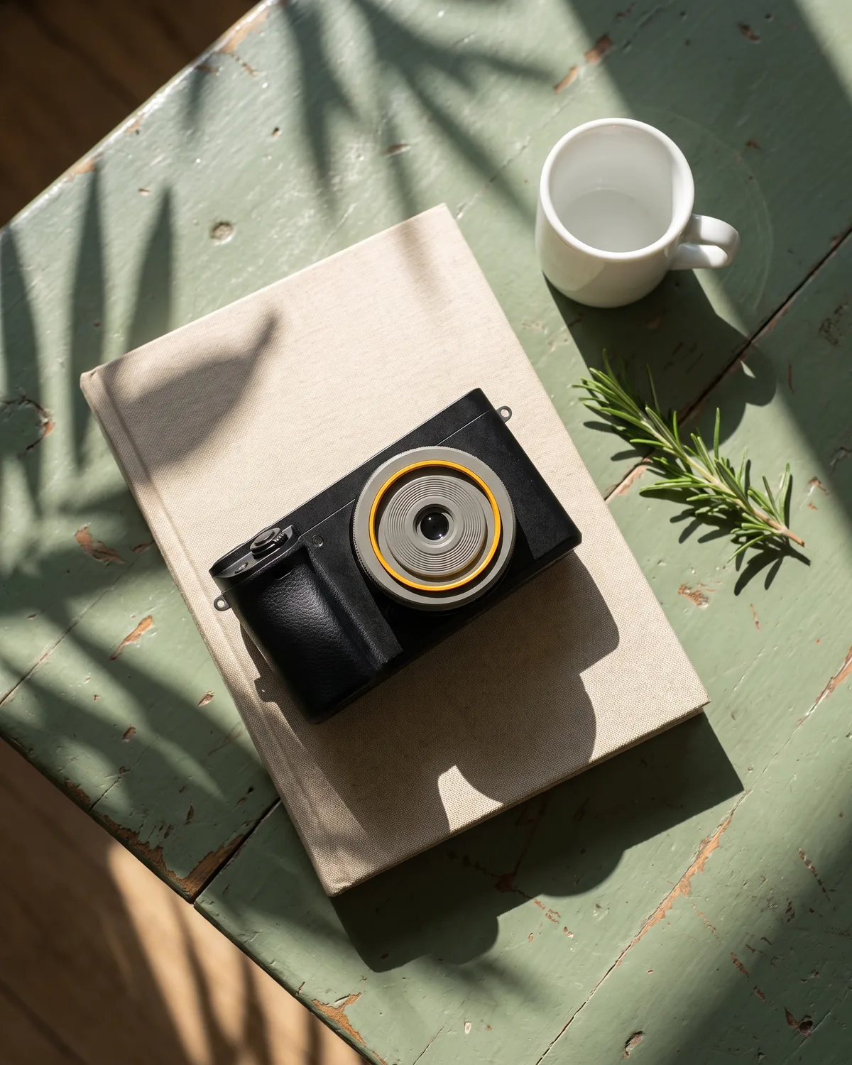 The Snapshot Lens on a mirrorless camera resting on a linen notebook beside an espresso cup